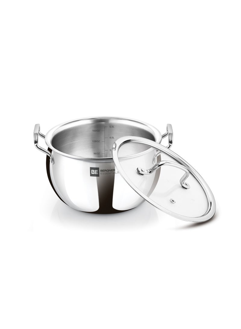 Bergner Essentials 24cm (5.5L) Tri-Ply Stainless Steel Large Rice Pot – Heavy-Duty Healthy Cooking Handi with Glass Lid for Biryani Pulao Soups Curries – Even Heating – Gas & Induction Compatible - Image 1